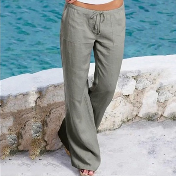 Pants - Casual Gray Linen Wide Leg Trousers Pants